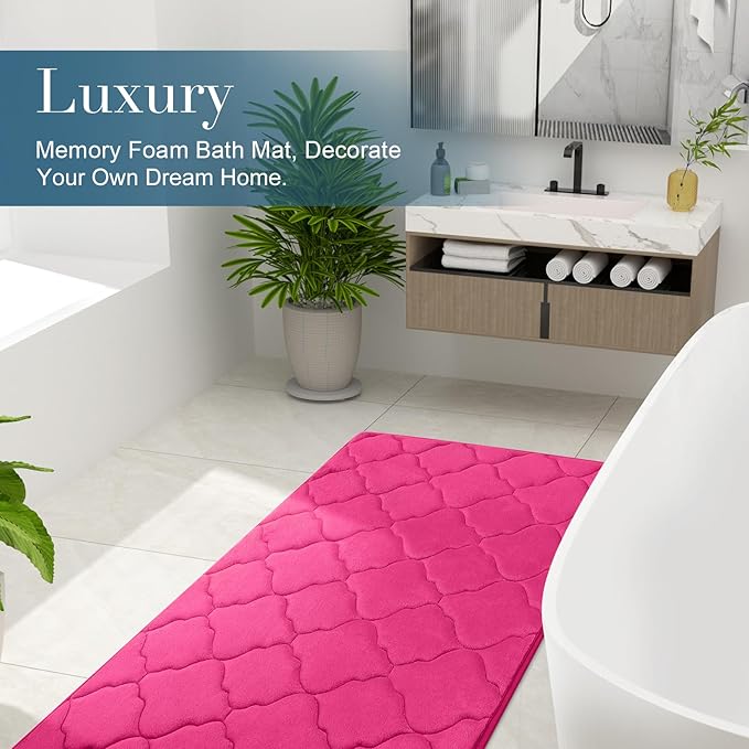 OLANLY Memory Foam Bath Mat Rug 30x20, Ultra Soft and Absorbent Bathroom Rugs, Non-Slip, Comfortable, Machine Washable Bath Carpet for Bathroom Floor, Tub, Shower and Home Decor Accessories, Deep Pink