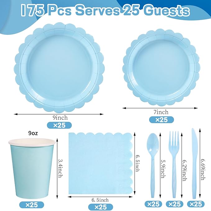 175 Pcs Light Blue Paper Plates and Napkins, Boy Baby Shower Decorations Include Blue Scalloped Plates Napkins Cups for Kindergarten Graduation, Birthday, Bridal Shower, Wedding