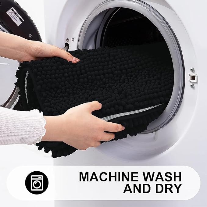 Grandaily Chenille Striped Bathroom Rugs 59x35, Extra Thick and Absorbent Bath Mats, Non-Slip Soft Plush Shaggy Shower Carpet, Machine Wash Dry, Bath Rug for Bathroom, Black