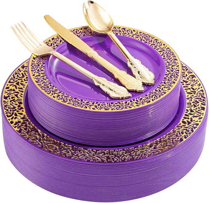 U-QE 150PCS Purple Gold Plastic Plates with Gold Silverware, Gold Plastic Plates for Party & Wedding Include 30 Dinner Plates 10.25", 30 Salad Plates 7.5", 30 Forks, 30 Knives, 30 Spoons