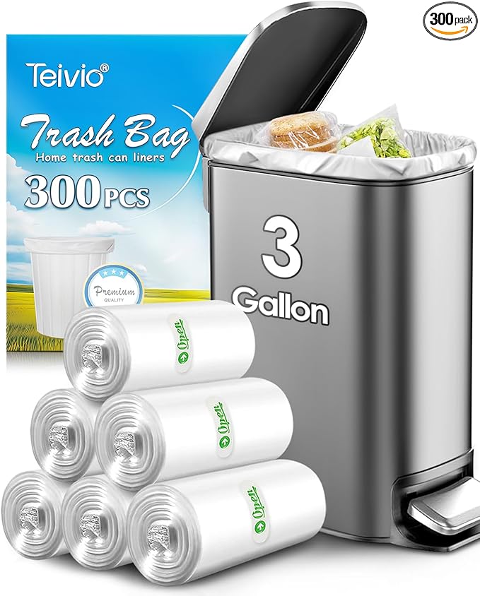 3 Gallon 300 Counts Small Trash Bags 3 Gallon 3.1 Gallon 3.2 Gallon fit 10 liter Garbage Bags by Teivio, Waste Basket Bags,Bathroom Trash Can Bin Liners, Plastic Bags for home office kitchen, Clear
