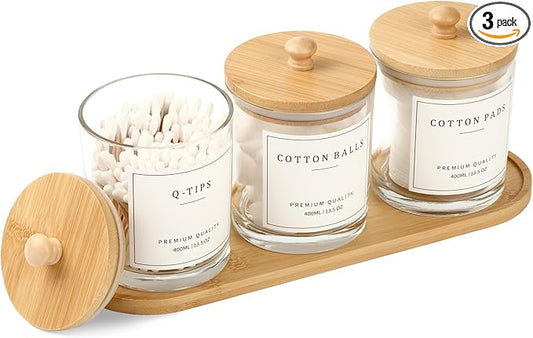 eggs sound 3 Pack Qtip Holder - Bathroom Organizers and Storage, Cotton Round Pad Swab Holder Dispenser Floss Pick Holder with Tray, Glass Apothecary Jars with Lids, Cotton Ball Container - Clear