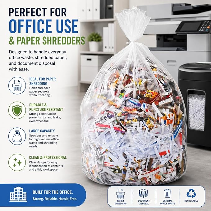 7-10 Gallon Clear Garbage Bags (110 Bags) 29" x 24" Extra Large Medium Kitchen Trash Bags Paper Shredder Bags Can Liners for Home and Office Bins, 110 ct. (Fits 7 Gal, 8 Gal, 9 Gal and 10 Gal Bins)
