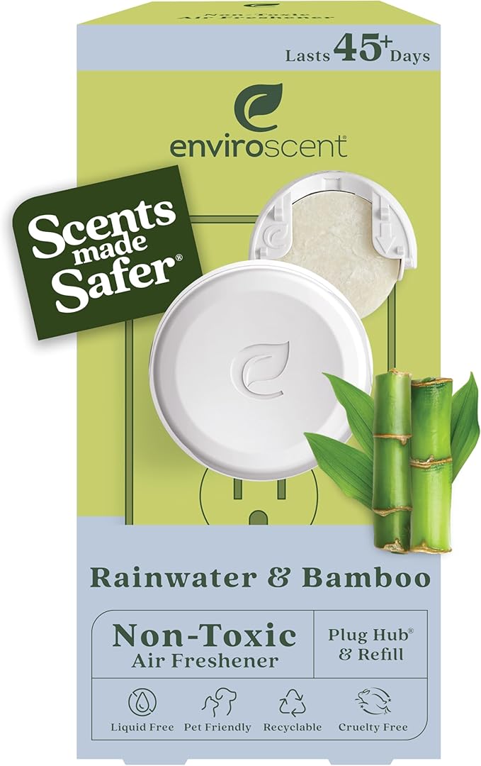 Enviroscent Non-Toxic Air Freshener Plug Hub® Warmer Refillable Kit - Refillable Plug-in Air Freshener for Home w/Paper Refill - Home Fragrance Lasts Up to 45 Days - Rainwater & Bamboo Scent