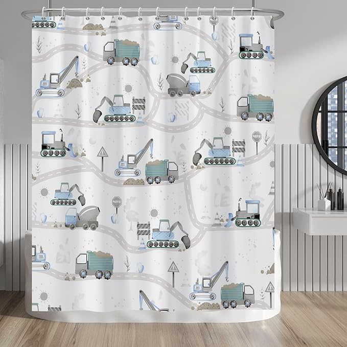 Excavator Kids Shower Curtain Sets Cartoon Construction Truck Tractor Car Bathroom Decor Fabric Polyester Waterproof 60x72 Inches with 10 Hooks for Boys Machinery Vehicle Bath Curtains
