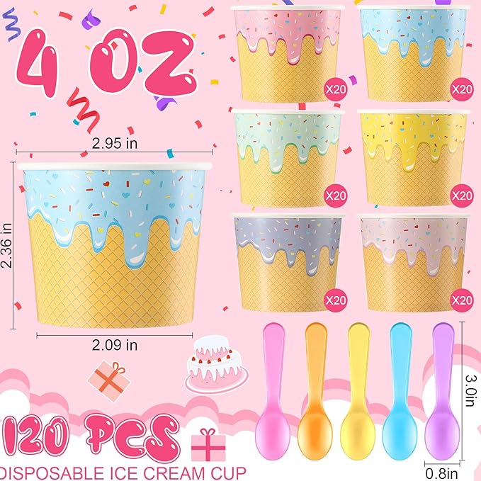 Jingmore 120 Set Paper Ice Cream Cups Bulk with Spoons 4 oz Disposable Sundae Bowls Colorful Paper Dessert Cups Containers for Snack Yogurt Soup Summer Bar Party Supplies