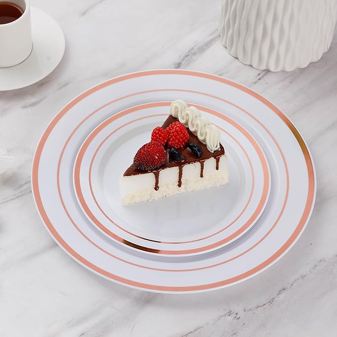 Goodluck 200PCS Rose Gold Plastic Plates, Heavy Duty Disposable Rose Gold Plates with 100 10.25 inch Dinner Plates and 100 7.5 inch Dessert Plates, Disposable Plates for Party, Wedding, Valentines
