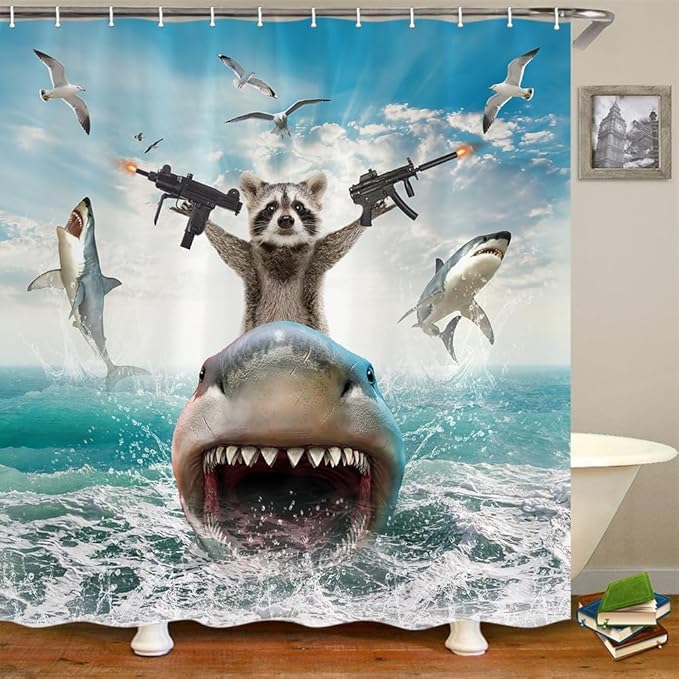 TOMOZ Funny Animal Shower Curtain, Cool Raccoon Riding Shark Theme Ocean Shower Curtain for Bathroom, Fun Nautical Kids Children Fabric Bath Curtain with 12 Hooks 69 x 78Inch