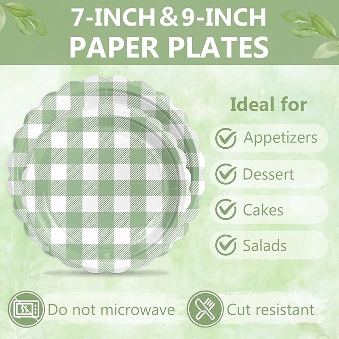 Mulbozy 100 Sage Green Gingham Plates and Napkins Disposable Set Includes 25-9" & 25-7" Dessert Cake Scalloped Plates, Cocktail Napkins, Forks for for Holiday Party Supplies