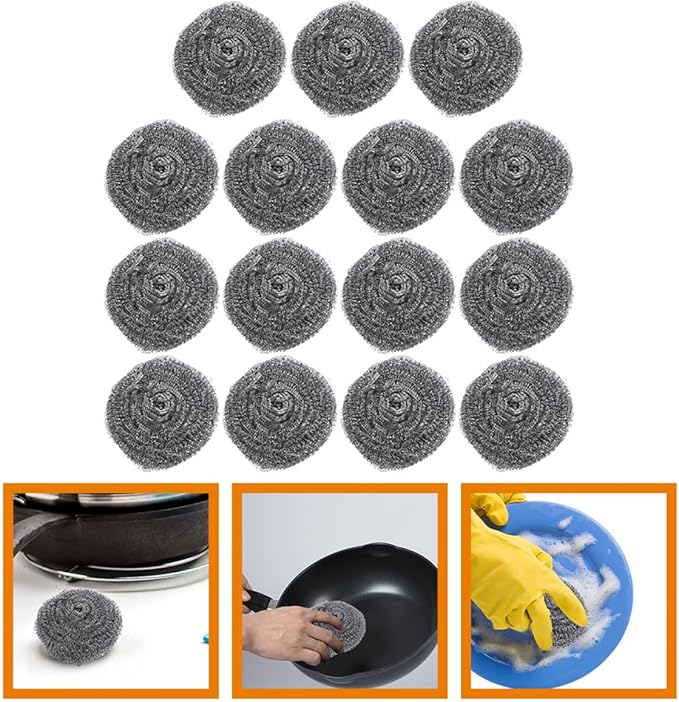 15pcs Stainless Steel Scrubbers Pan Steel Scrubber Set 22g Heavy-Duty Pot for Kitchen Dishwashing and Grill Cleaning Household Supplies