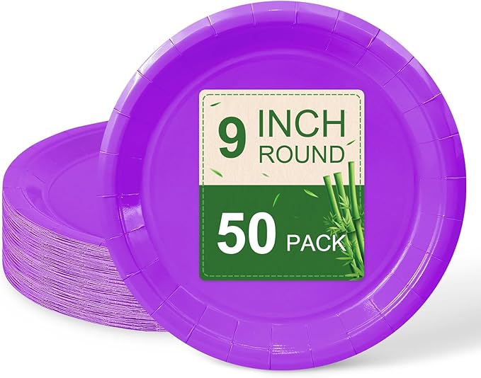 50 Pcs Purple Paper Plates, 9 Inch Disposable Dessert Plates for Valentines,Tea Party, Baby Shower, Birthday, Wedding, Graduation, Picnic, BBQ, Party
