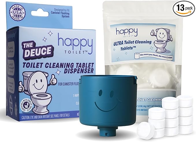 Happy Toilet Cleaner Deuce - Compatible with Kohler Toilets & Canister Flushing Systems - Automatic Toilet Bowl Cleaner Toilet Tablet Holder & 12-Pack Ultra-Strength Cleaner Tablets