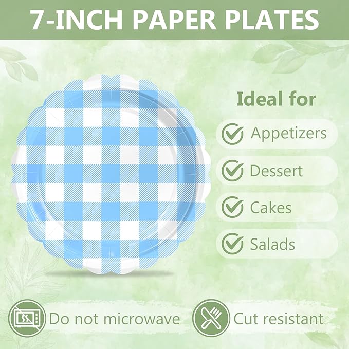 Mulbozy 75 Light Blue Gingham Plates and Napkins Disposable Set Includes 25 Dessert Cake Scalloped Plates, Cocktail Napkins & Forks, for Fork 25 Guests Holiday Party Supplies.