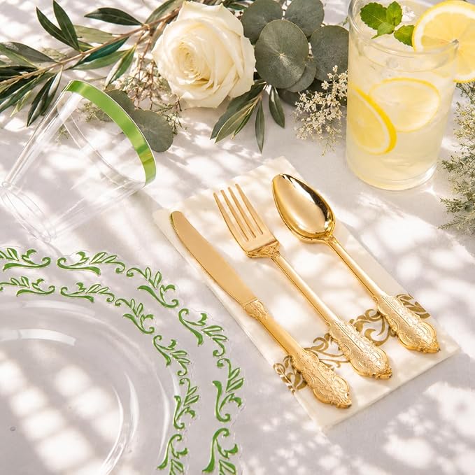 PULOTE 175PCS Green Plastic Plates - Clear Plastic with Green Rim Disposable - Include 25 Each (Dinner & Dessert) Plates, 75 Cutlery, 25 Cups, 25 Napkins, Idea for Wedding&Party