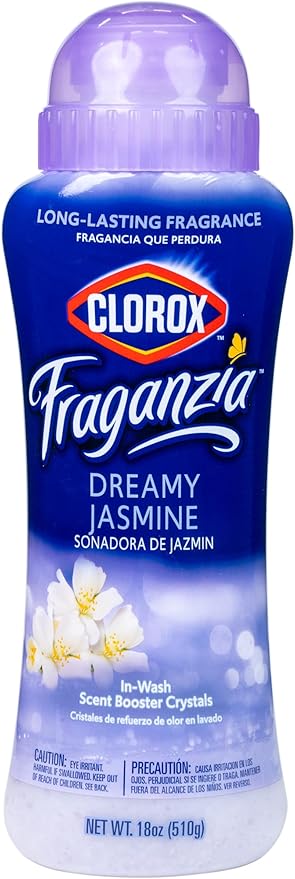 Clorox Fraganzia Laundry Scent Booster Crystals, In-Wash Fragrance Beads for Fresh-Smelling Clothes & Linens, Safe for All Fabrics & Colors, Easy-Pour Bottle, Dreamy Jasmine Scent, 18 Oz, 2 Pack