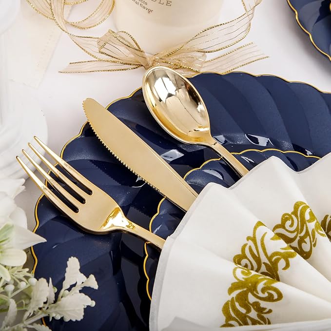 YOUBET 150PCS Blue Plastic Plates - Gold Plastic Silverware - Heavy Duty Navy Blue Disposable Plates include 50 Plates, 25 Forks, 25 Knives, 25 Spoons, 25 Napkins for Wedding Birthday Parties