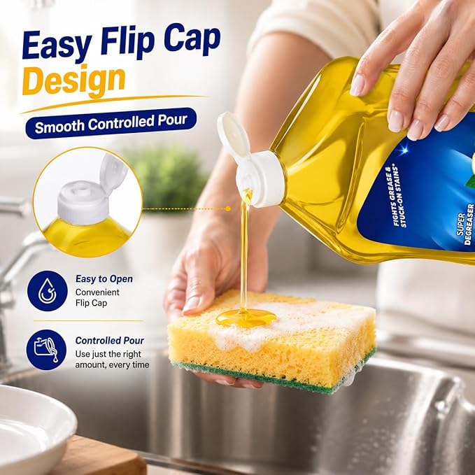 Liquid Dish Soap, Lemon Scent Dishwashing Liquid, Grease Cleaning Formula with Easy Flip Cap, Large 52 fl oz Bottle for Kitchen Use