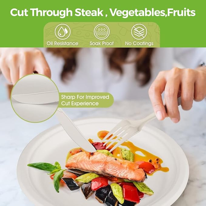 250 PCS Compostable Paper Plates and Utensils Set (EXTRA LONG), White Microwaveable Compostable Dinnerware Set, Disposable Plates, Bowls & Cutlery Includes Forks, Knives & Spoons, 50 Sets Each