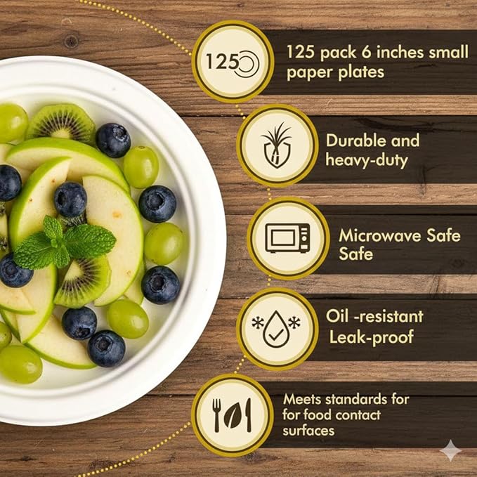 125 Pack 6 inch Paper Plates, Heavy-Duty Disposable Paper Plates 100% Compostable - Biodegradable Bagasse Dessert Plates Bulk for Party, Wedding, Snacks (Natural) (6 Inch 125 Pack White)