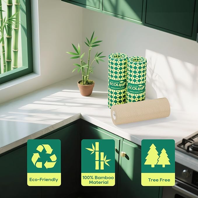 ECOlipak Paper Towels - 8 Rolls, 2 Ply 120 Sheets- Plastic Free, Tree Free, Compostable, Disposable Kitchen Paper Towels, Soft and Absorbent, PFAS Free, Nature