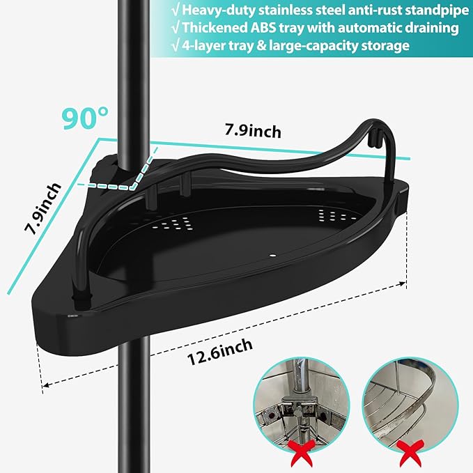 Corner Shower Caddy, 39-125 Inch Adjustable Height With ABS Shelves, Drill Free Organizer, 4 Layer Rustproof Metal Tension Pole, Large Storage, Black