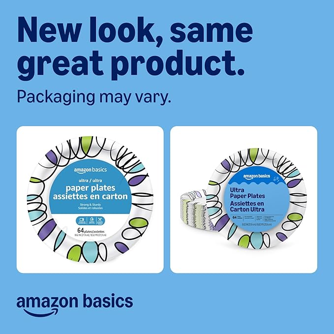 Amazon Basics Ultra Paper Plates, 8.62 Inch, Disposable, 64 Count, Packaging May Vary