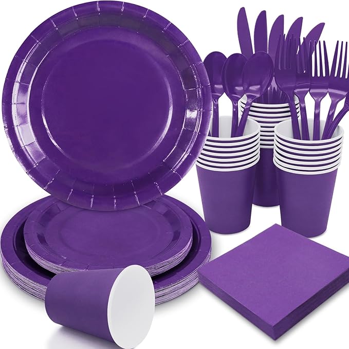 Purple Paper Plates Party Supplies,350pcs Purple Plates and Cups and Napkins Set for Mardi Gras Birthday Decorations for Women Srve 50