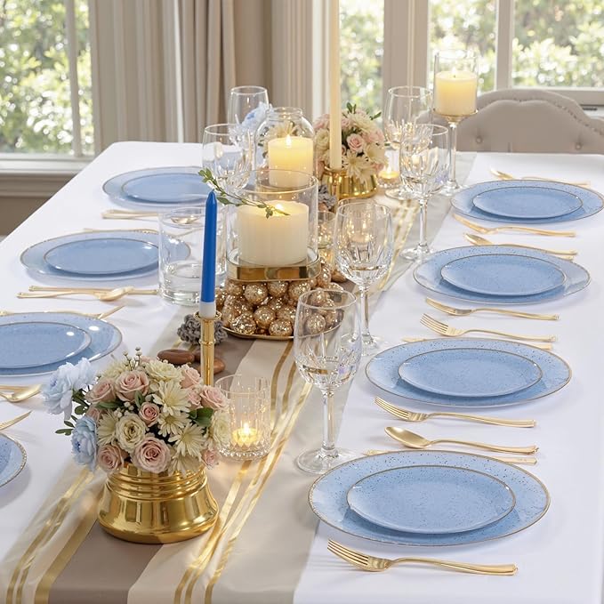 Liacere 32PCS Blue Plastic Plates - BlueStone Plastic Disposable Tableware Plates Modern Dinnerware Set - Wedding & Warm Winter & Party & Easter Day