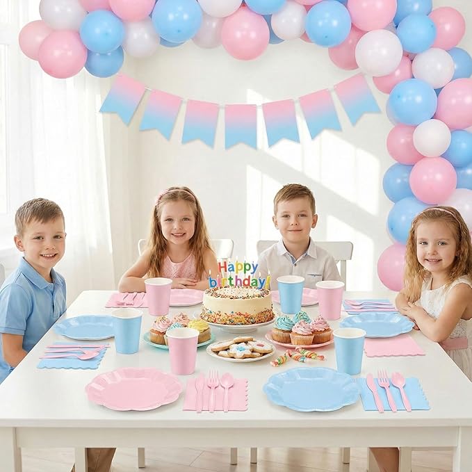 NatNarr 350 Pcs Baby Gender Reveal Party Supplies Include Scalloped Plate Napkin Cup Forks Knives, Light Pink and Light Blue Plastic Cutlery 50 Guest Disposable Party Tableware Set for Baby Shower