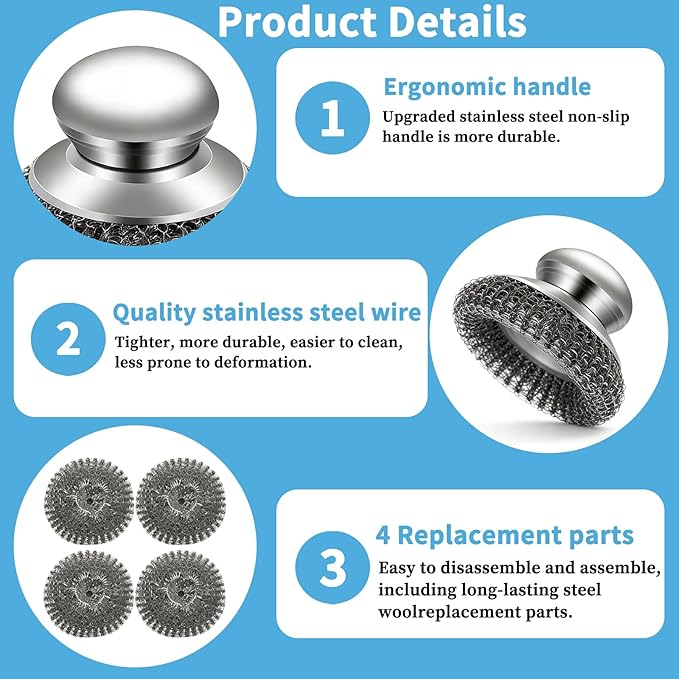 5 Pcs Steel Wool Scrubber Set with Handle, Stainless Steel Scouring Pads for Cast Iron Pans, Grill & Sink Cleaning (1 Scrubber + 4 Pads)