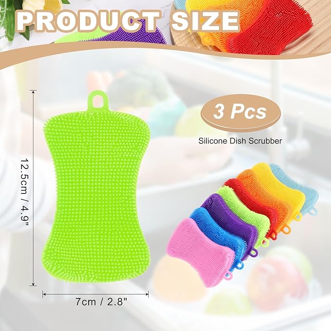 uxcell Silicone Dish Scrubber, 3 Pack Reusable Dishes Sponges Silicone Sponges Double Design for Kitchen Bathroom Cleaning Gadgets Accessories Countertop Cookware Pots Pans, Green