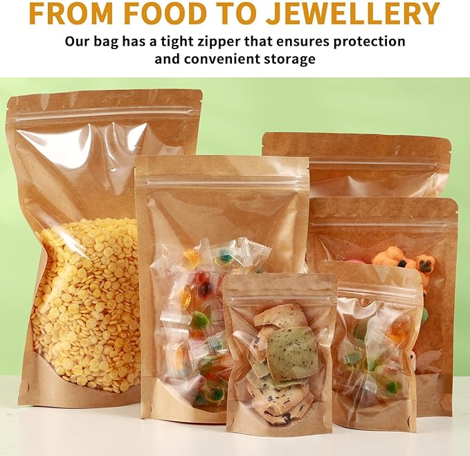 200 Pack Kraft Paper Bags with Clear Window 6x9 Reclosable Small Stand Up Mylar Bags for Food Storage Resealable Smell Proof Pouch, Edible Packaging, Reusable bags for Small Business