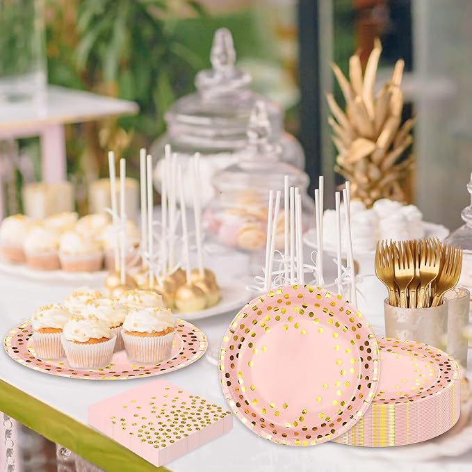 Pink and Gold Paper Plates and Napkins Party Supplies,Serves 25 Guests Pink Gold Plates and Napkins,Disposable Paper Tableware Set for Birthday Wedding Bridal Shower Baby Shower Decorations