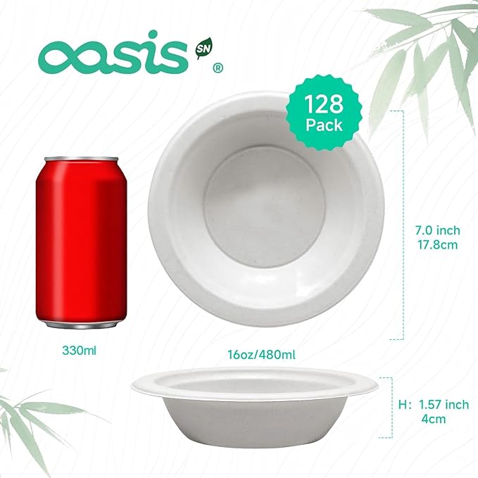 16 oz 128-Pack Compostable Paper Bowls, Disposable Salad & Soup Bowls, Heavy-Duty Bagasse Bowls for Pasta, Chili & Rice, Microwave & Freezer Safe, Eco-Friendly (White)