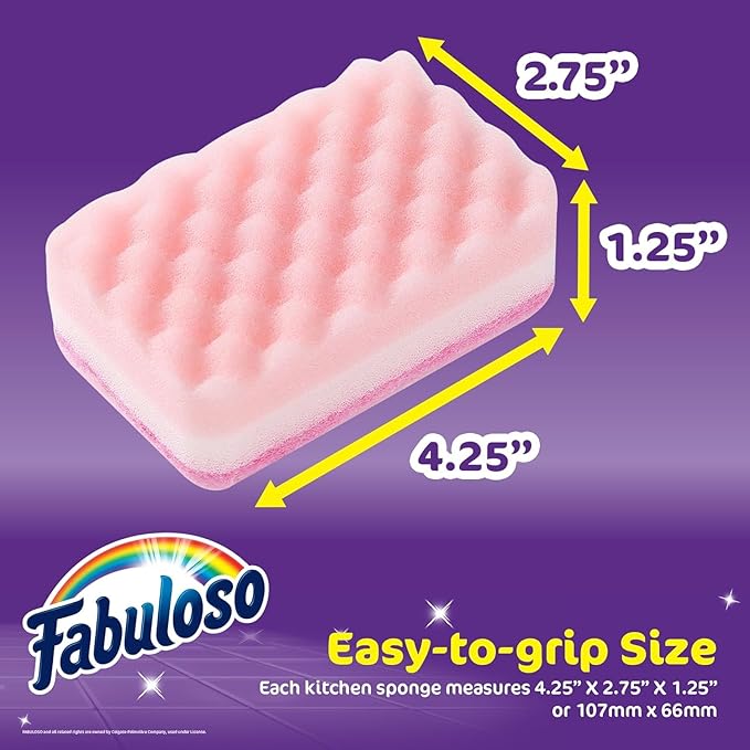 Fabuloso Scratch-Free Kitchen Dish Sponges, Rainbow Cellulose Scrubber Sponge with Scouring Pad for Dishes, Pots, Pans, Counters and Sinks, Tough on Messes, 4.25 x 2.75 x 1.25 in, 4 Count - 2 Pack