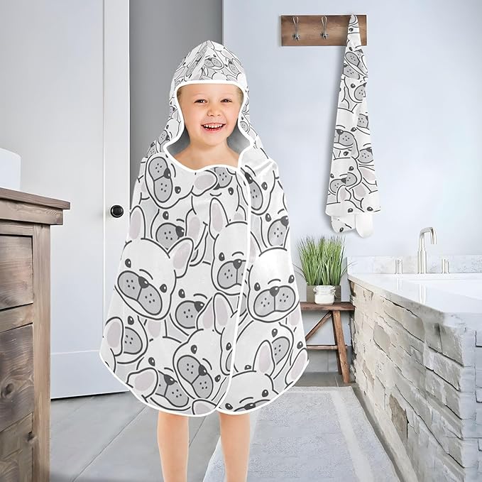 Blueangle Kids Bath Towel Wrap - French Bulldog Hooded Kids Towel - Super Soft Absorbent Quick Dry Toddler Shower Pool Beach Towel
