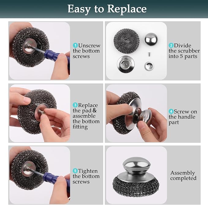 KTOJOY Stainless Steel Wool Scrubber Set, 6 Pieces with Handle, for Cleaning Dishes, Pots, Pans, Cast Iron