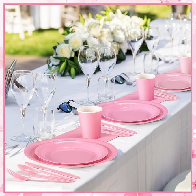 Nuogo 336 Pcs Pink Party Supplies Set Pink Paper Plates Napkins Cups Plastic Spoons Forks Knives Disposable Dinnerware for Birthday Baby Shower Wedding