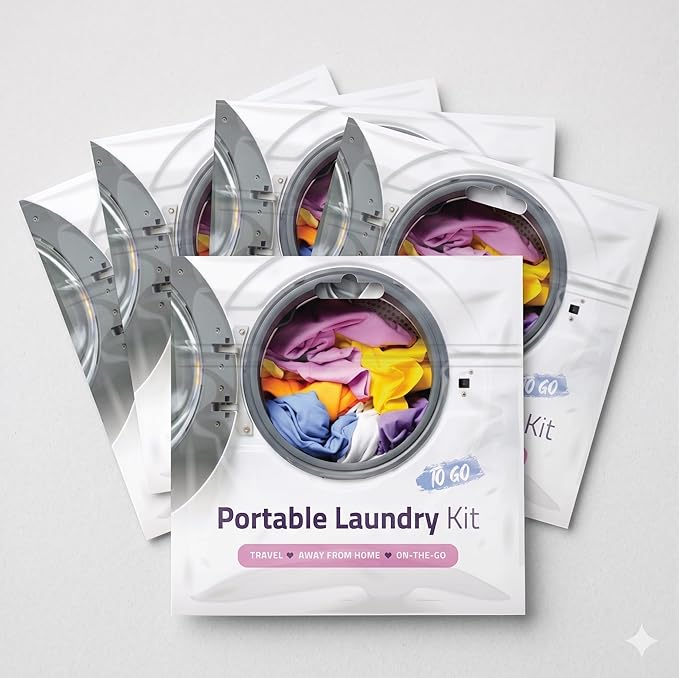 Portable Laundry Kit – Travel Clothes Cleaning Essentials with Liquid Detergent, Stain Remover Wipe, Dryer Sheet & Laundry Bag – Bulk Supply for Motels, Camping & Charities (5 Packs)