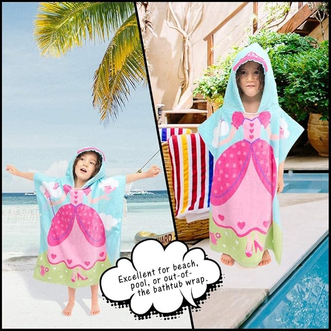 Florica Hooded Bath Towels for Girls Kids Toddlers Children 2 to 6 Years Old Cotton Ultra Soft Absorbent Poncho Beach Towel for Pool Swim Pink Large Size 24"x 47" in Full-Length (Lovely Princess