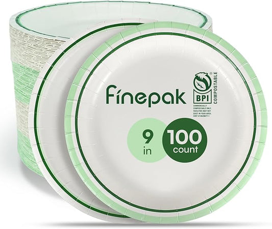 Disposable Plates 9 Inch, 100PCS Paper Plates Bulk with Green Rims, Heavy Duty Paper Plates for Graduation/Retirement Party, Picnic, BBQ, Microwave, Breakfast, Lunch & Dinner