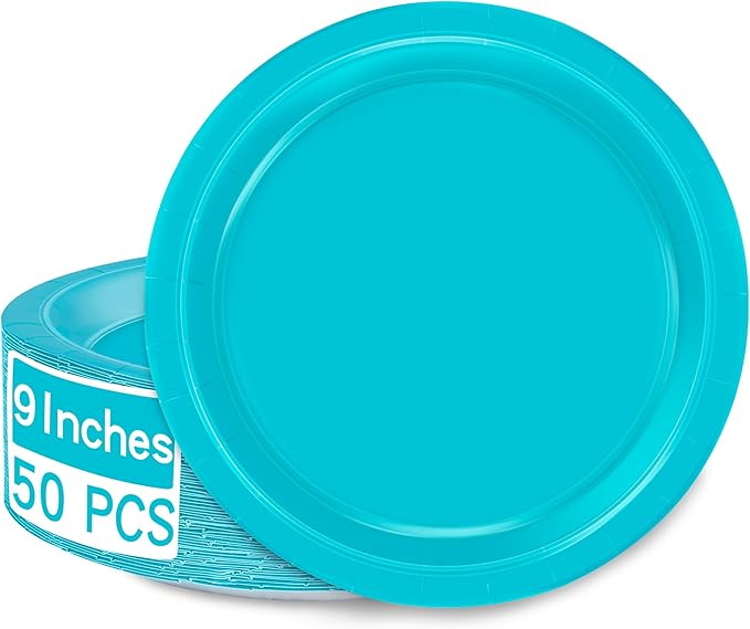 QZYL 50 PCS Paper Plates, Light Blue Round Disposable Party Plates, 9 Inches Paper Dinnerware for Everyday Use, Heavy Duty Tableware Pack for Birthday Wedding Baby Shower Christmas Party