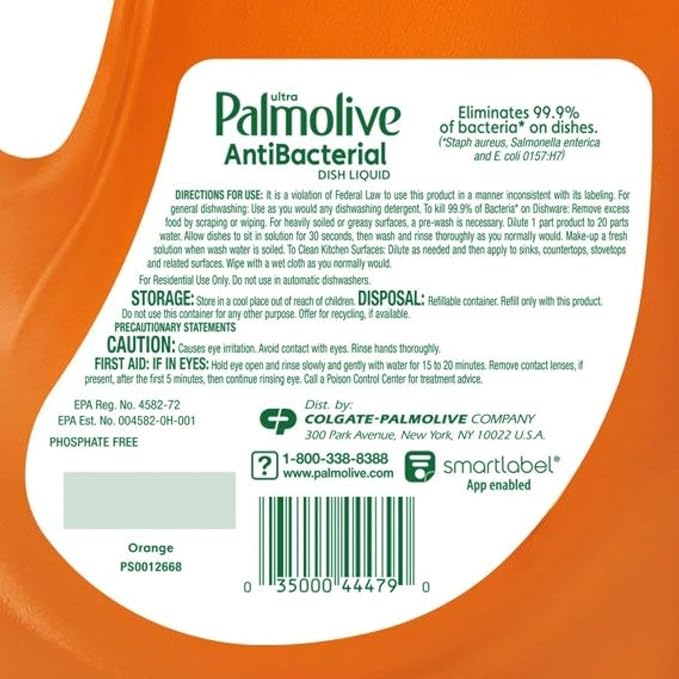 Ultra Palmolive Antibacterial Dishwashing Liquid Dish Soap Orange Scent, Refill 102 Fl. Oz. Kills 99.9% of Bacteria, bundled with Heavy Duty Scotch Brite Sponge