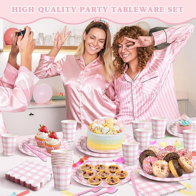 Vyntra 350 Pcs Pink Gingham Paper Plates and Napkins Set for 50, 9" Dinner Plates & 7" Dessert Plate, Baby Girl Shower Birthday Party