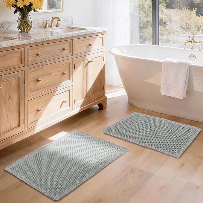 DWCN Waffle Bathroom Mat Set, Super Absorbent Non Slip Bath Rug Set for Bathroom Floor, Shower Mats 2 Pcs for Tub, Washable Kitchen Rugs for Farmhouse Boho Home Decor, 24"x16"Plus 32"x20", Grey