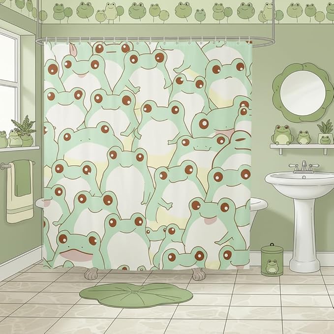 Cute Frog Waterproof Shower Curtains Luxury Heavy Fabric Bathroom Shower Curtain Green Frog Hotel Home Dorm Bathtubs Decor Shower Curtain Machine Washable Grommet Curtain 72 x 84 Inch
