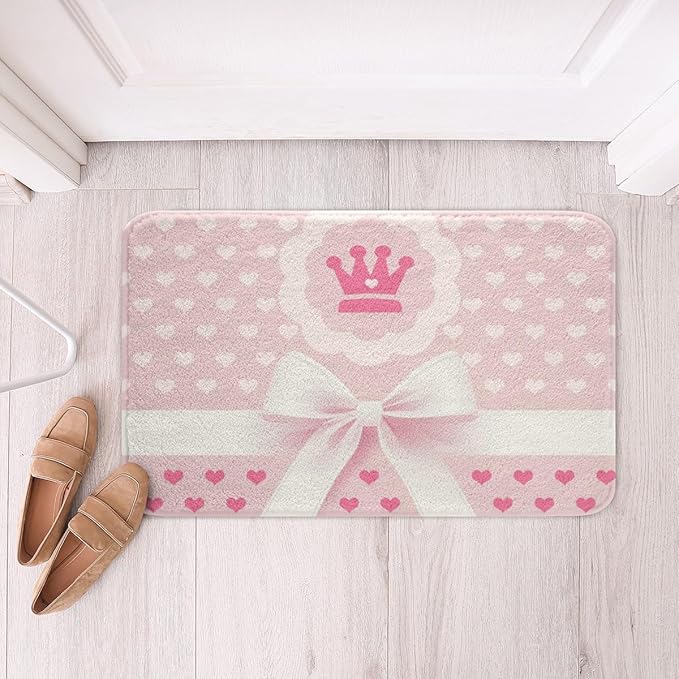 Pink Cartoon Bowknot Kids Bath Mats,Crown Love Heart Princess Romantic Mats Rugs for Girls,Geometric Bow Tie Patchwork Bath Carpets,Fashion Bath Rugs,Absorbent Floor Mats,20Wx32L Inches