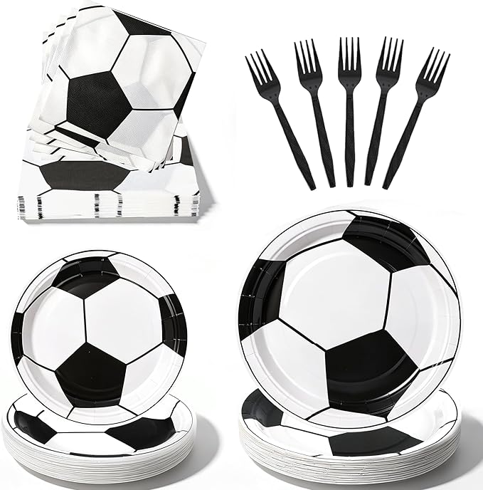 100 Pcs Soccer Party Supplies for 25 Guests, Heavy-Duty 7" & 9" Paper Plates, 2-Ply 13" Napkins & Plastic Forks, Disposable Soccer Themed Tableware Set for Game Day and Birthday
