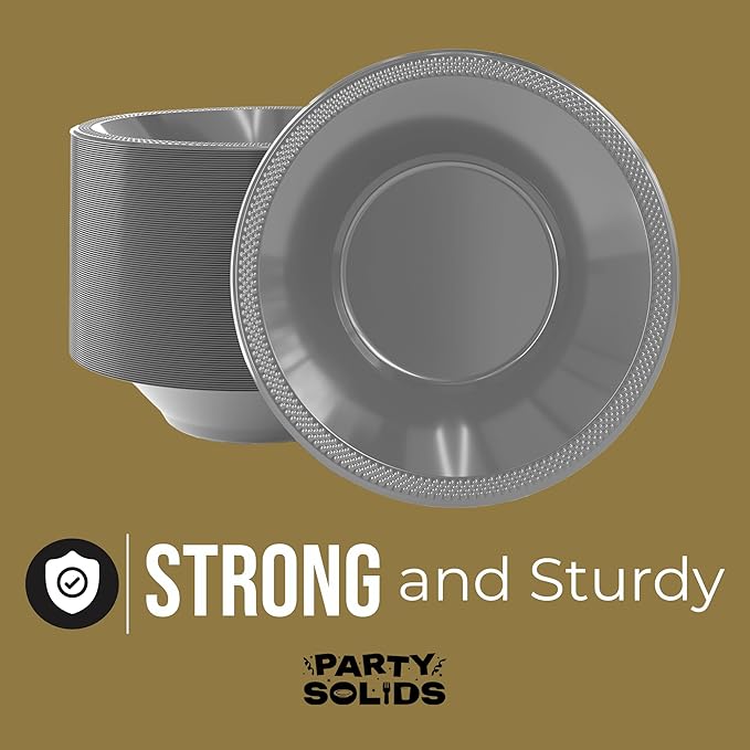Party Solids 12 Oz Silver Plastic Bowls Disposable Bowls for Hot Food Soup 50 Pcs - For Soup, Salad, Cereal, Desserts & Party Supplies