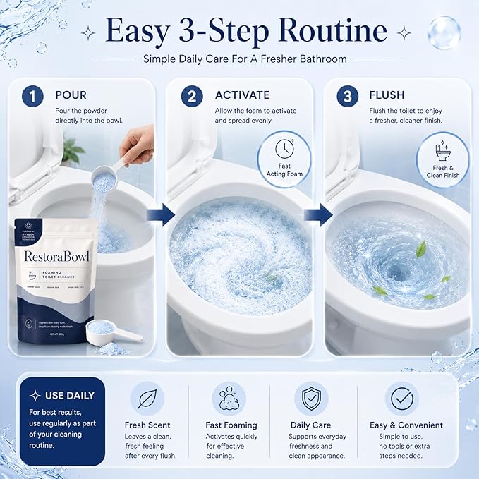 Restorabowl Foaming Cleaning Powder, Fresh Scent Daily Care Powder, Fast Dissolving Formula for Everyday Freshness, Easy Flush Use, 300g